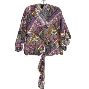 Just Polly Printed Tie Front Top Womens XL Lavender Orange Patchwork Boho